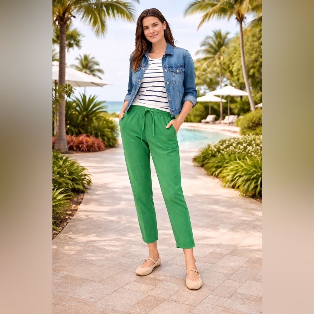 NWT J.Crew Factory Linen Cotton Drawstring Pants Green Size 0 Summer